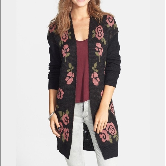 black cardigan with flowers